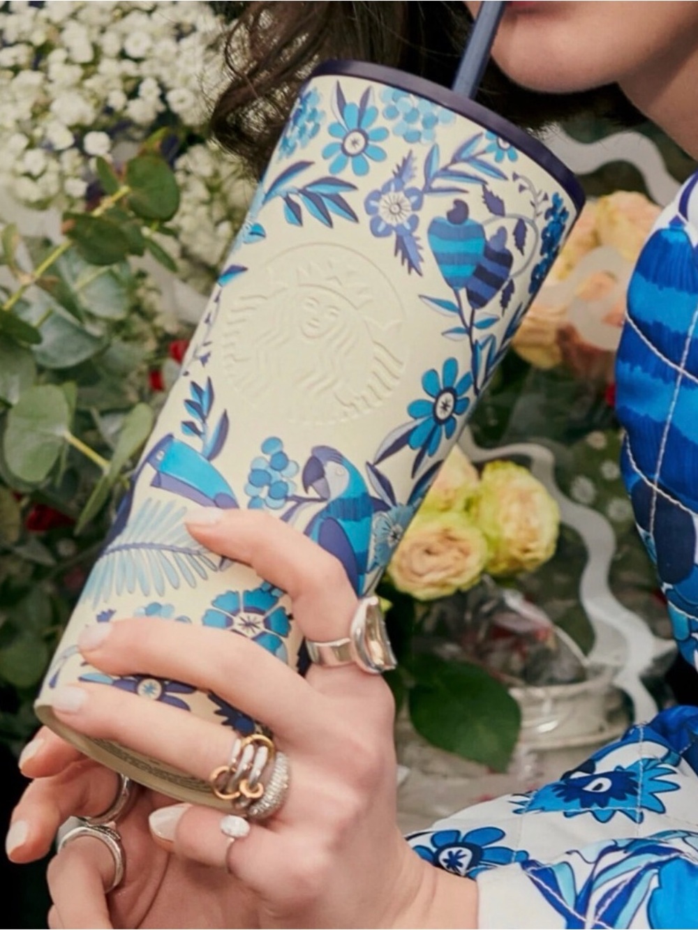 Starbucks Cream and Blue Floral Insulated Tumbler with Straw
